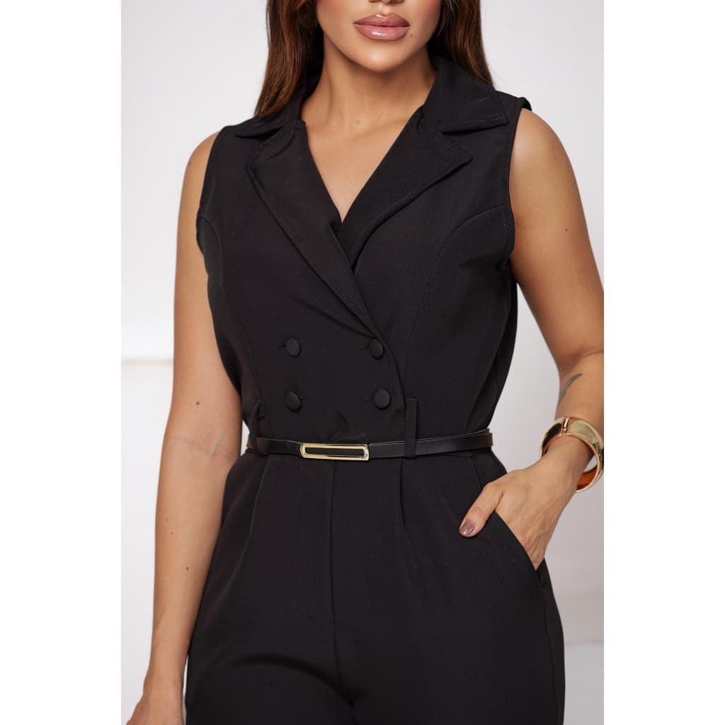 Macacão Feminino Chique – Alfaiataria Moderna, Zíper Frontal, Cinto, Manga Curta