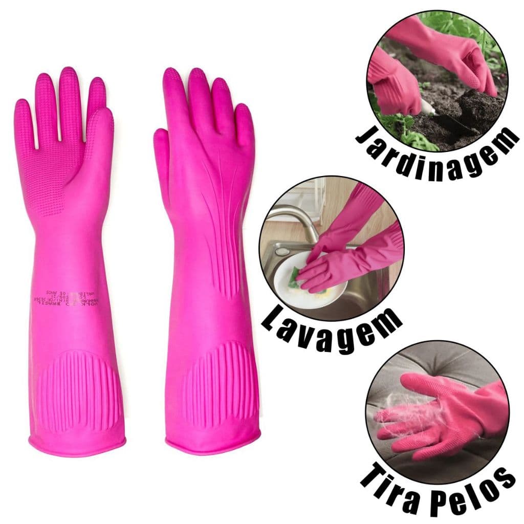 Luva Ranhurada Rosa Látex Antiderrapante Punho Longo Resistente Reutilizável Limpeza