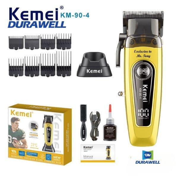 Maquina de Cortar Cabelo Turbo 11500 RPM Profissional Recarregável com Base Kemei KM-90-4