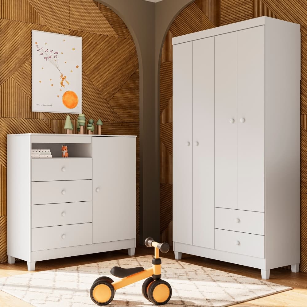 Guarda Roupa Infantil 4 Portas 2 Gavetas Com Cômoda 1 Porta 4 Gavetas Aquarela Branco Azul e Rosa  Clique Chique Móveis