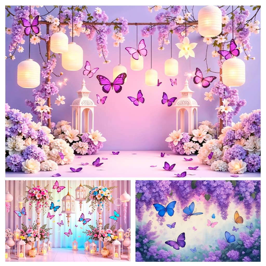 Fundo Fotográfico em Tecido Borboletas Florais 3D 1,50x2,20 Mt