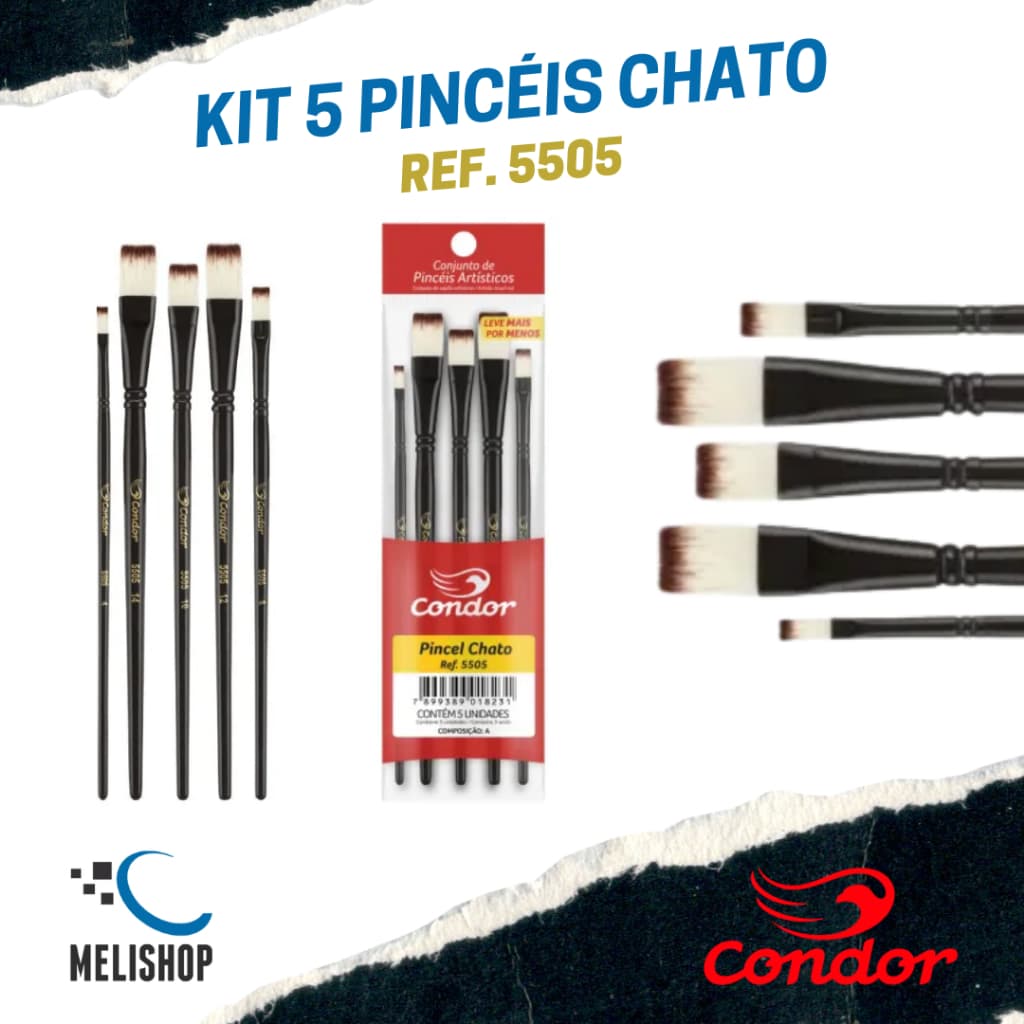 Kit 5 Pincéis Chato Madeira Papel Tela E Vidro REF. 5505 Condor