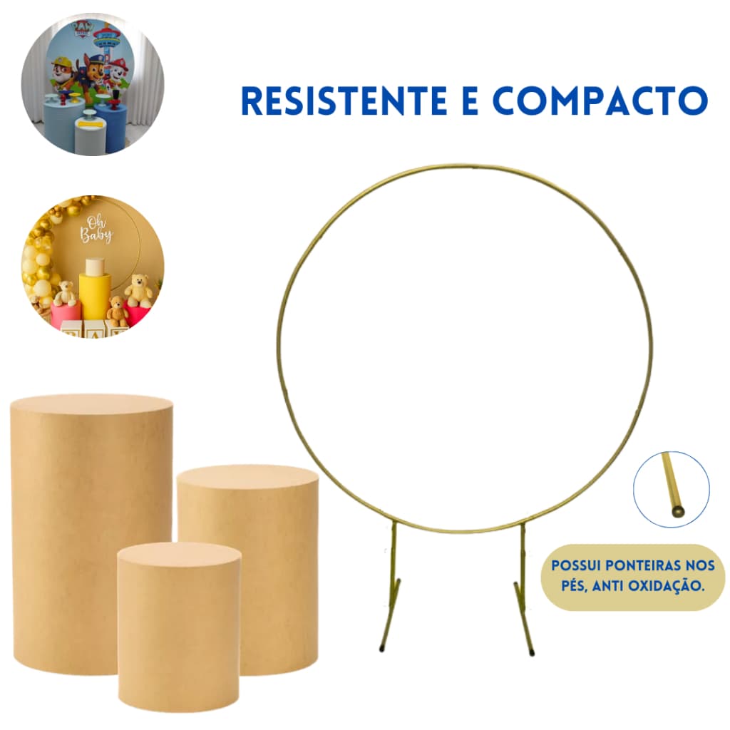 Kit Arco com Mesas MDF Cilindro P,M e G Decoração para Festa