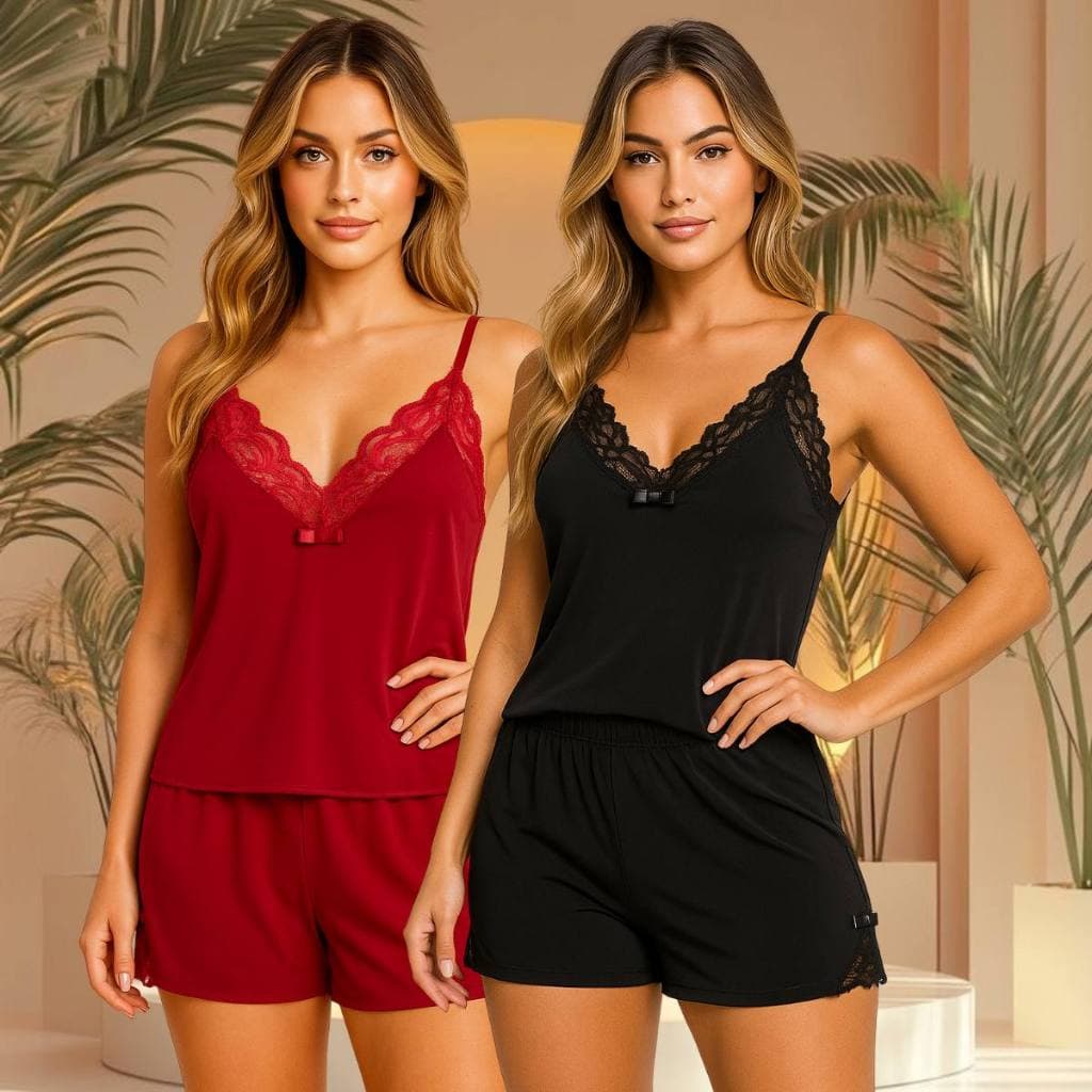 Kit 2 Baby Doll Renda Short Delicada Sensual Pijama Confortável