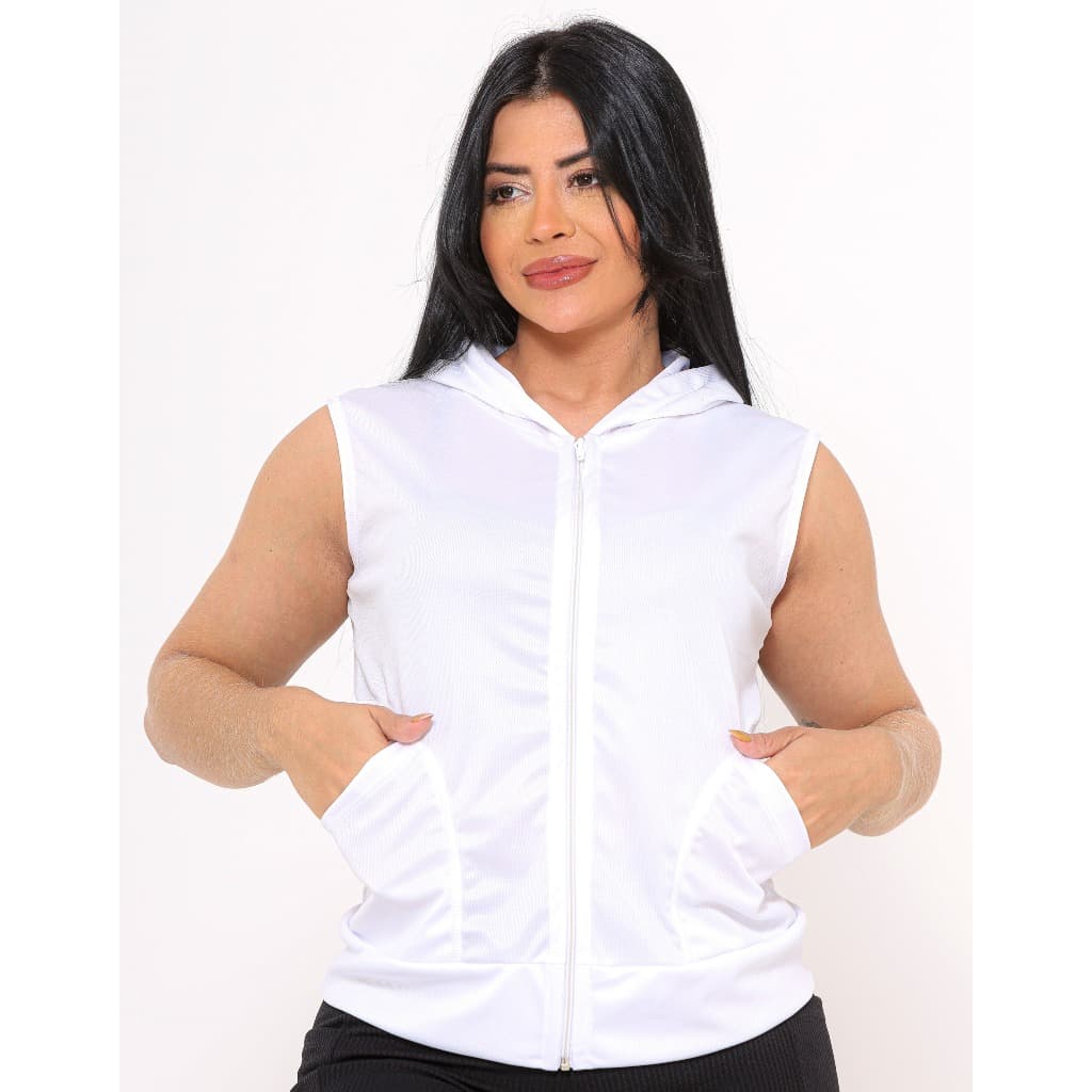 Jaqueta Colete Dry Fit Branca Com Capuz Academia Caminhada