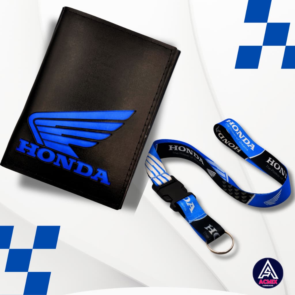 Kit Carteira Porta Documentos Moto Honda Logo Azul + Cordão Pescoço Engate Rápido Honda Azul e Preto