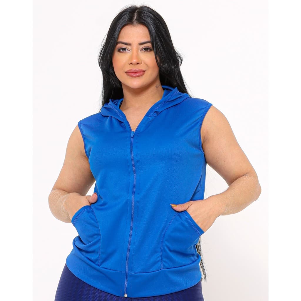 Jaqueta Colete Dry Fit Azul Royal Com Capuz Academia Caminhada