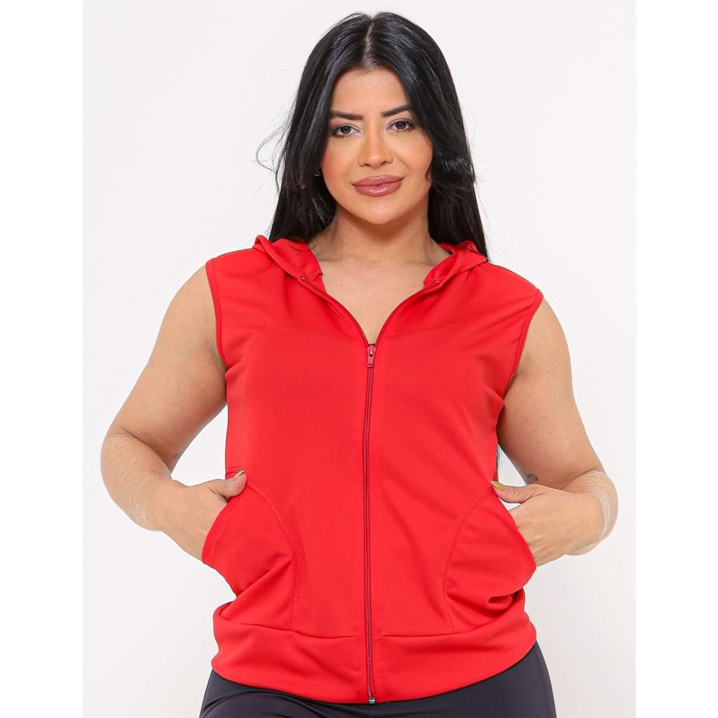 Jaqueta Colete Dry Fit Vermelho Com Capuz Academia Caminhada