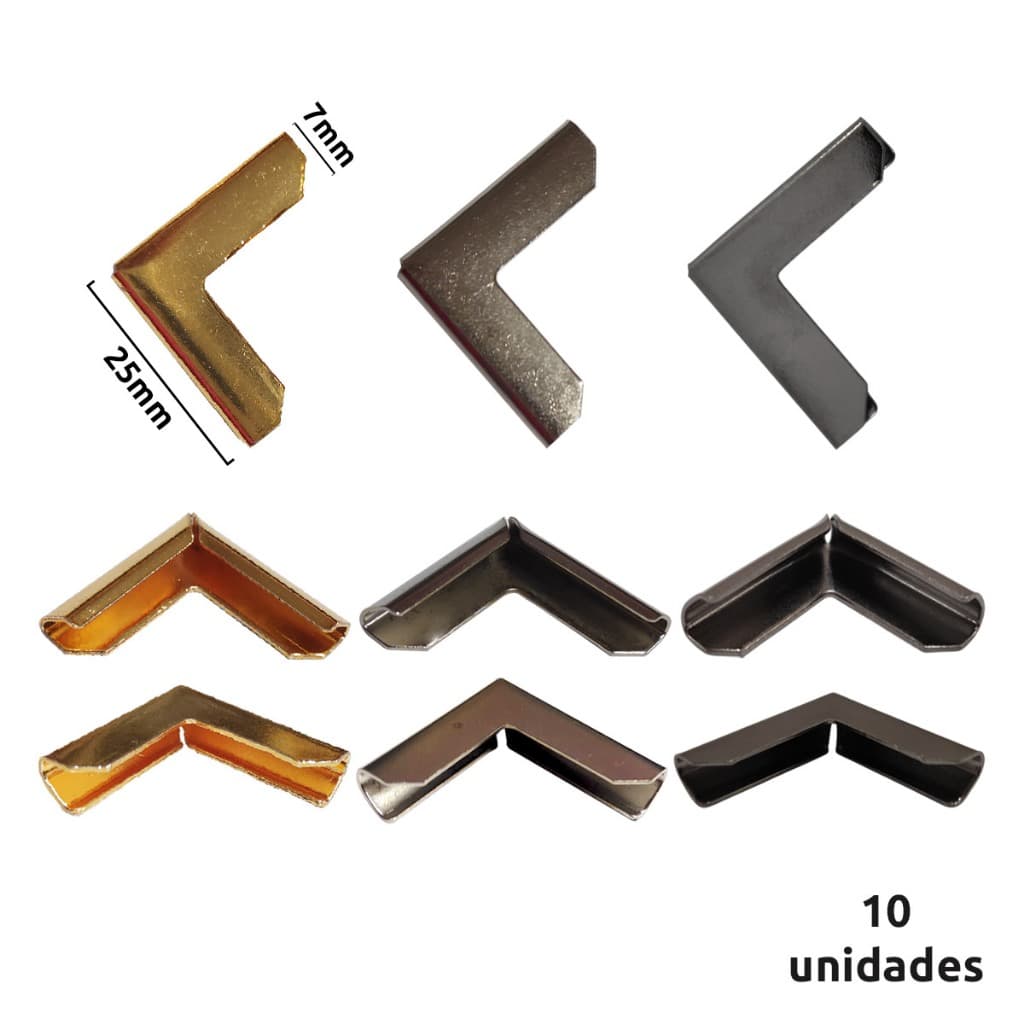 Cantoneira para bolsa e cartonagem 25x7mm lisa em metal 1155 com 10 unidades
