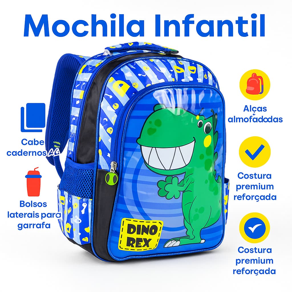 Mochila de Costas Infantil Escolar Menino Dinossauros - Impermeável e Leve - Mochila Dinossauro Infantil para Criança