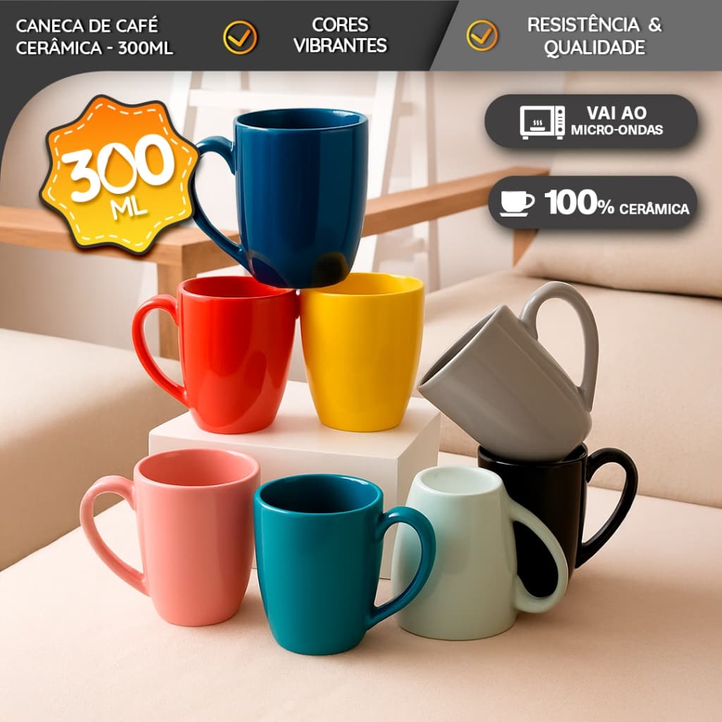 Caneca de Cerâmica 300ml Flora – Colorida Premium - Café Chá Sucos