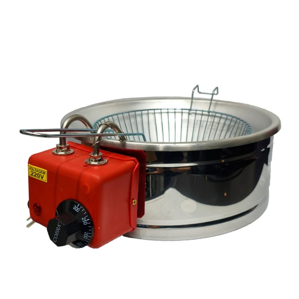 Fritadeira Elétrica Inox Tacho Redondo 3 a 5L Cabeçote Vermelho.