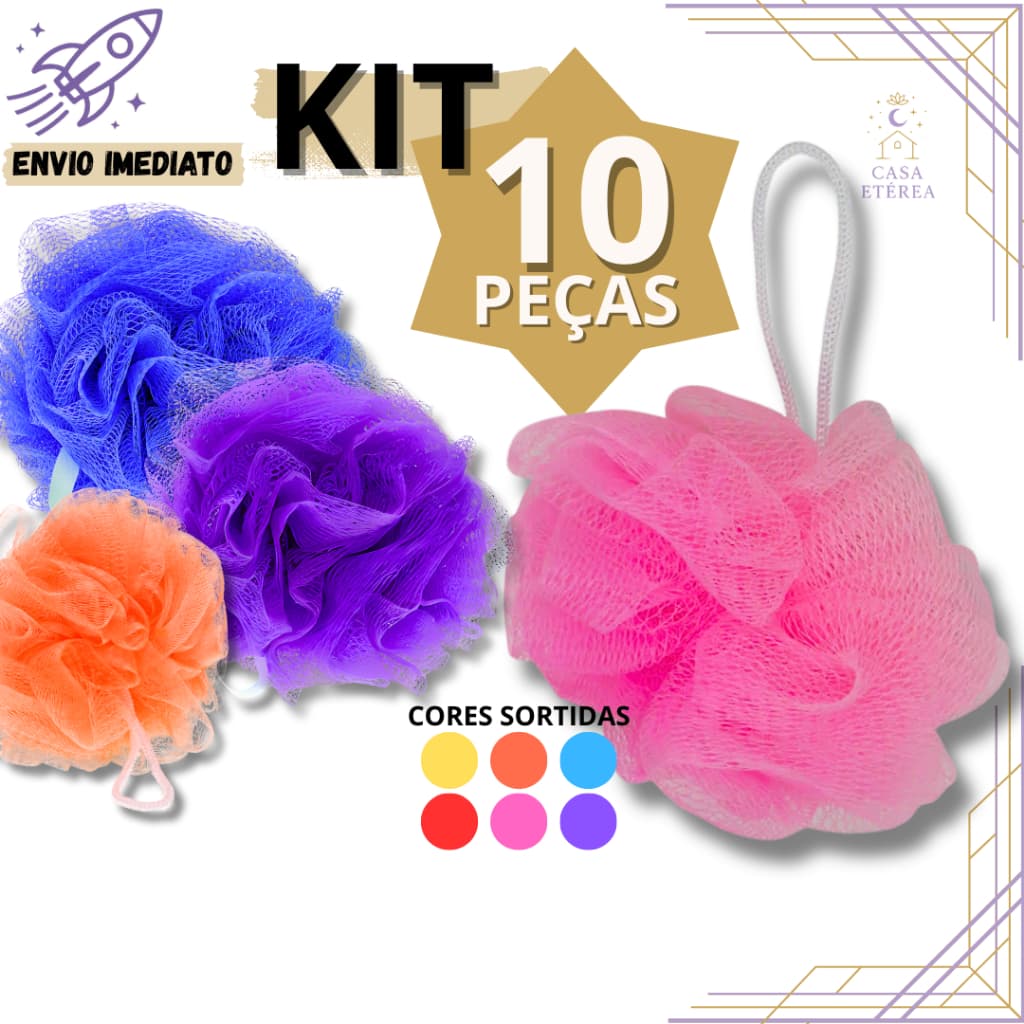 Kit 10 Esponja de Banho Nylon Cores Sortidas com Cordinha para Higiene Pessoal  Casa Academia Viagem