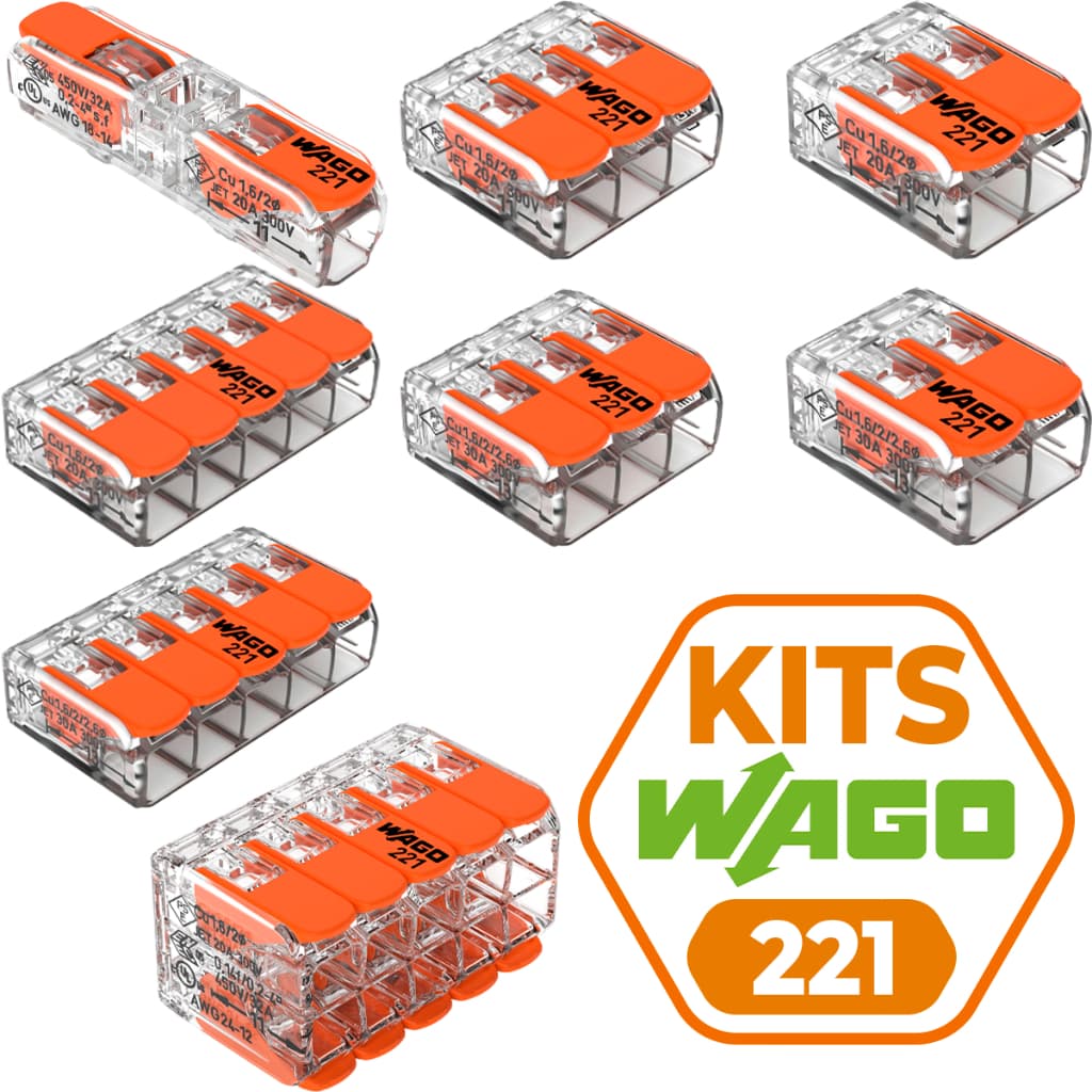 Kits Conectores Elétricos 221 Wago Emenda 1, 2, 3, 5 e 10 vias 32/41A 4mm² e 6mm² Original Chuveiro Tomada Led