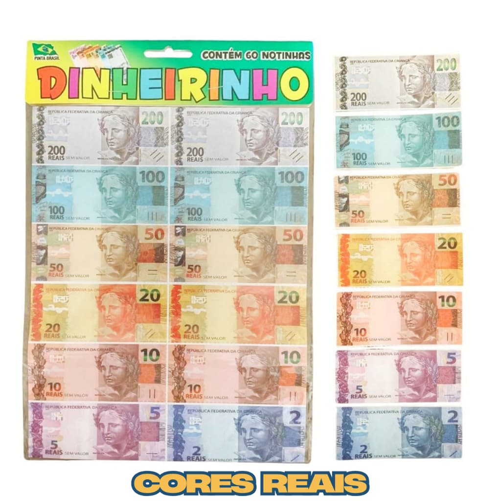 Dinheirinho Infantil 60 Notas em Real de Brincadeira Jogos Tabuleiro Educação Financeira