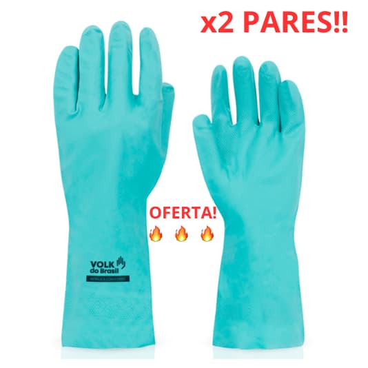 Kit 2 Luva Nitrílica Verde Volk CA 40570 Com Forro Cozinha Limpeza Anti-alérgica Proteção Quimica