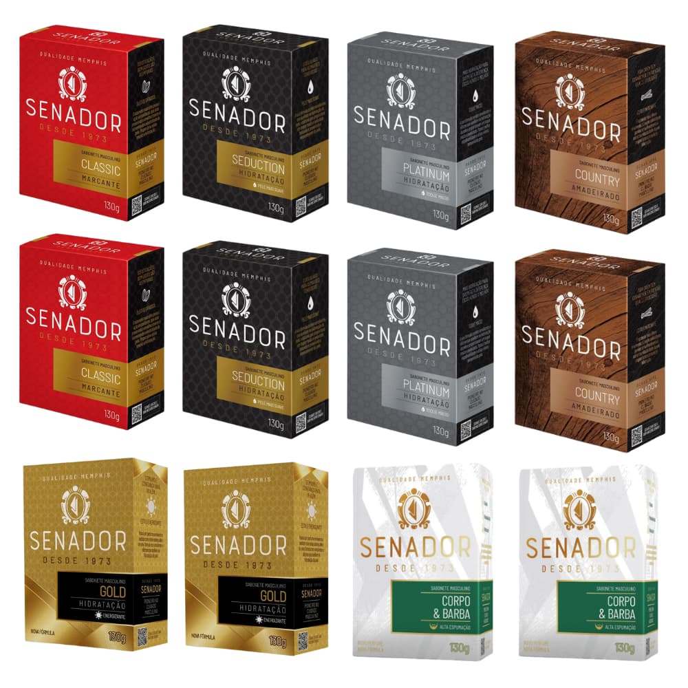 Kit 12 Sabonete Senador Mix Todas Fragrâncias 130g Platinum Classic Seduction Country Corpo e Barba