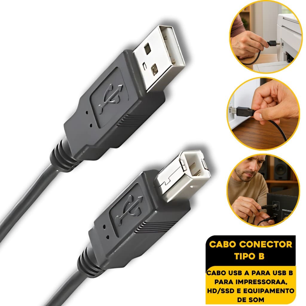 Cabo USB 2.0 Tipo B 5 Metros Para Impressora HP Epson Canon Brother Samsung Xerox Kyocera Lexmark Ricoh Elgin Sharp