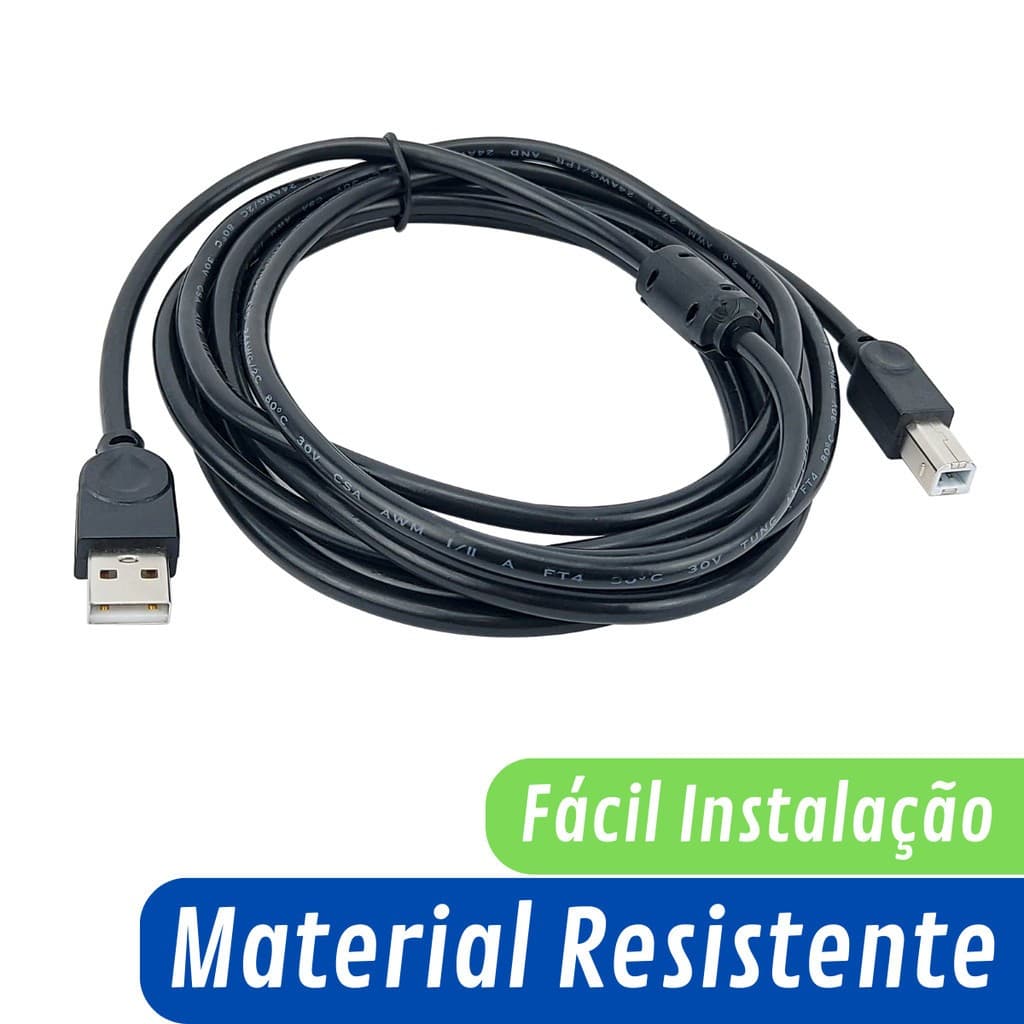 Cabo USB 2.0 Tipo B 5m Para Teclado, Piano Digital, Controlador MIDI Roland Yamaha Casio Korg