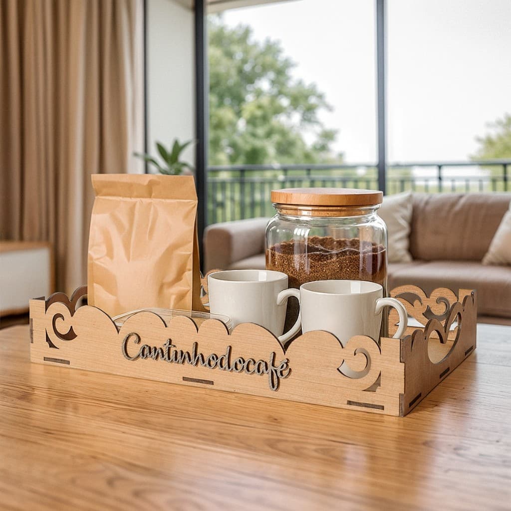 Bandeja MDF Cantinho do Café Decorativa 26x16cm Organização Xícaras Açúcar Tabaco Nogueira