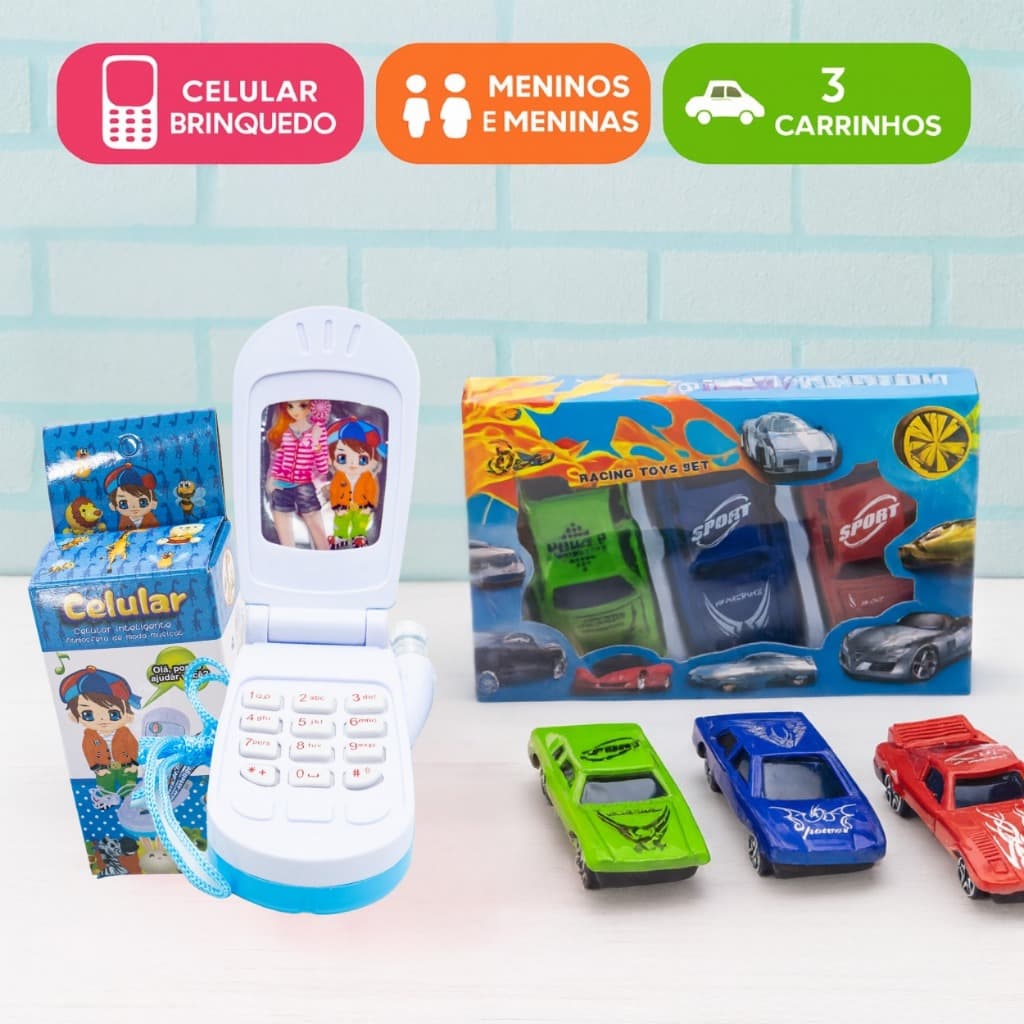 Kit Infantil Celular Brinquedo com Som + Pilha + 3 Carrinhos | Meninos e Meninas