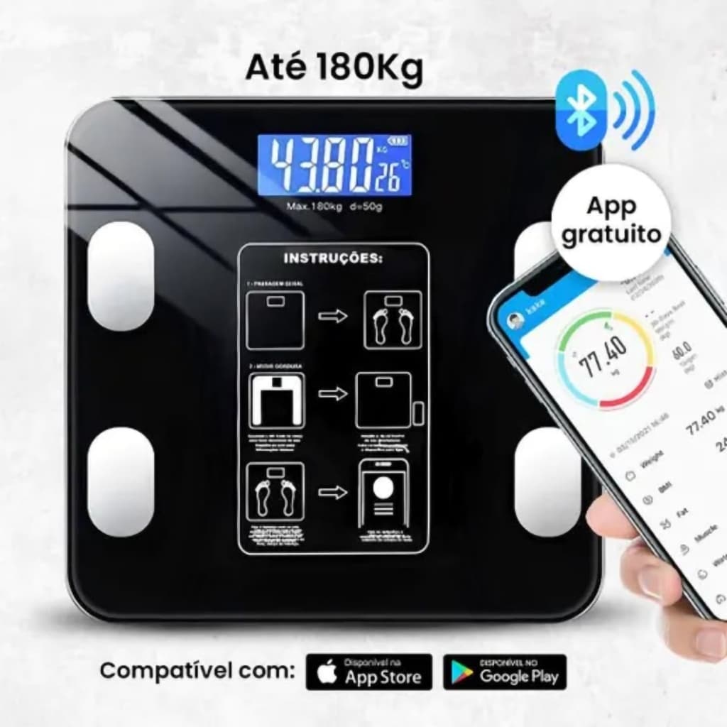 Balança De Precisão Bioimpedância Digital Banheiro Bluetooth Com App