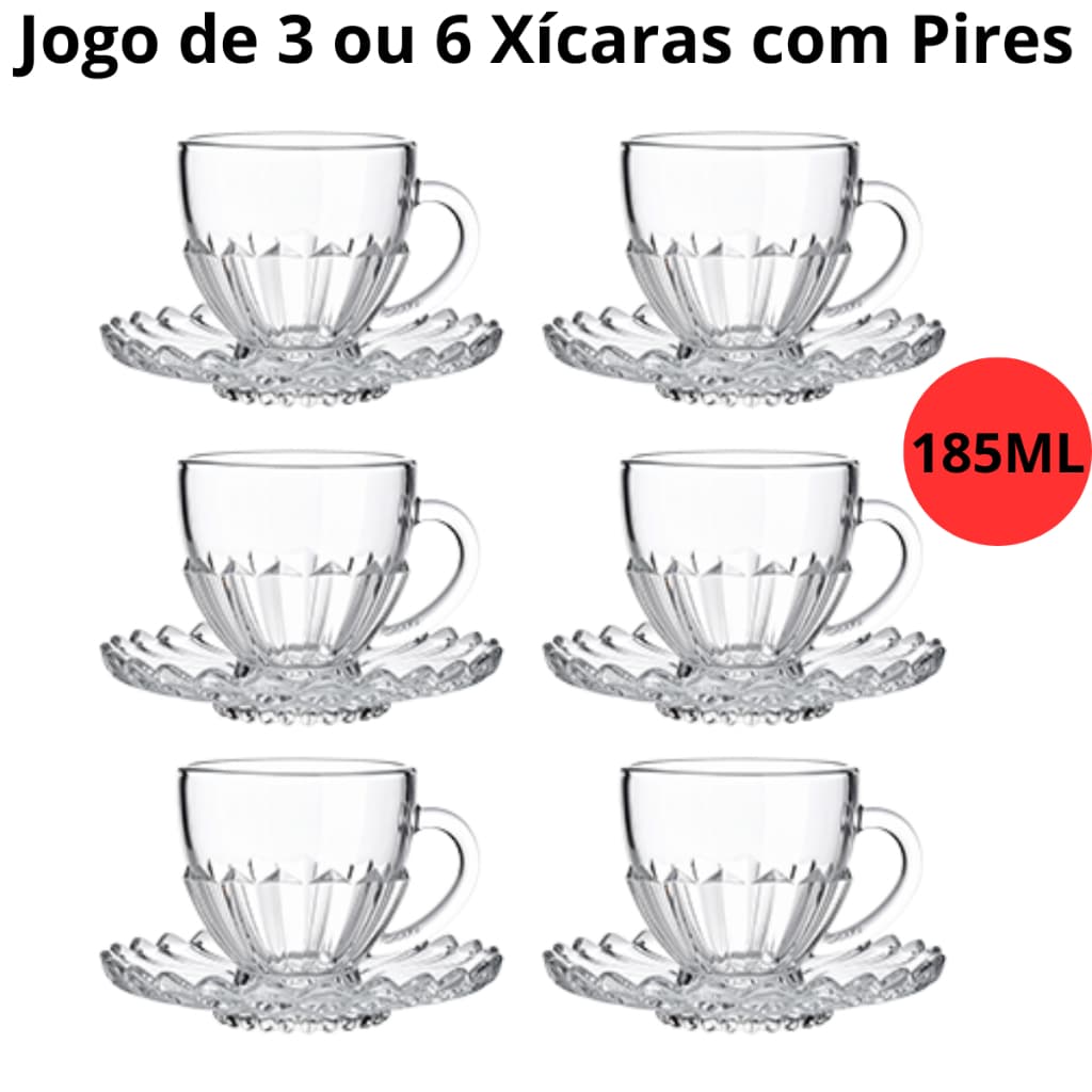 Jogo de Xícara com Pires 6 ou 12 Peças Chá e Café Brasiliano Transparente Vidro 185ml Decorada Luxo