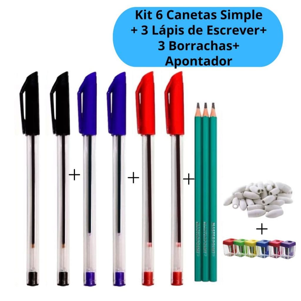 Kit 6 Canetas Simple Duas de cada Cor + 3 Lápis de Escrever + 3 Borrachas Ponteira + 1 Apontador