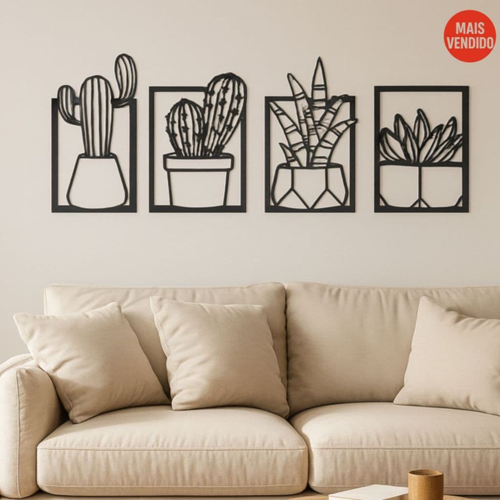 kit 4 Quadros Cacto Vazados Decorativo Sala Quarto Mdf Parede