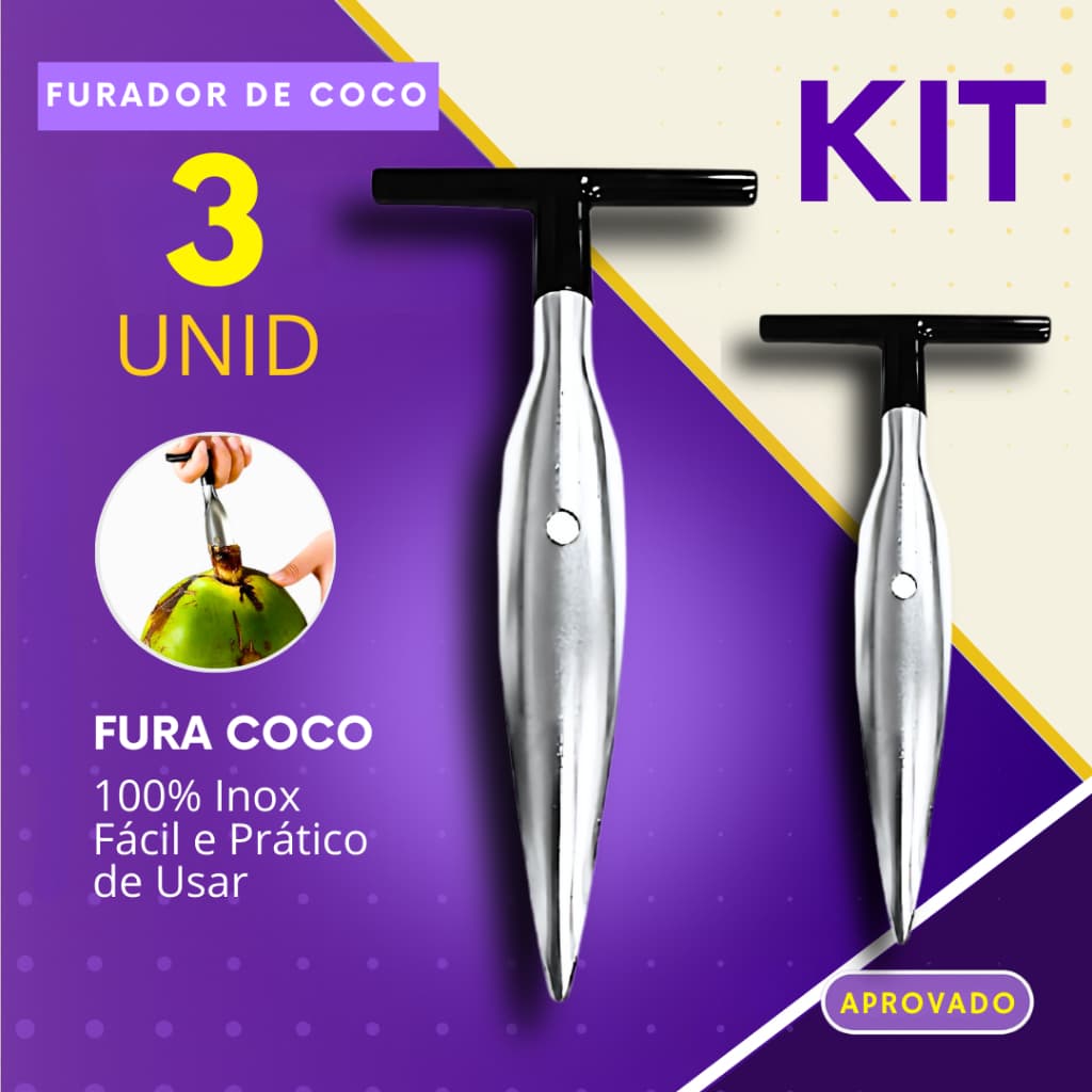 Furador de Coco Inox Kit 3, 2 ou 1 Peça Abridor Fura Coco em Casa Praia Bare e Restaurante
