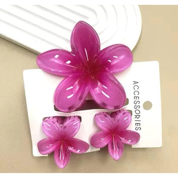 Kit Presilha Piranha Flor para Cabelo – 1 Grande + 2 Pequenas, Estilo Blogueira