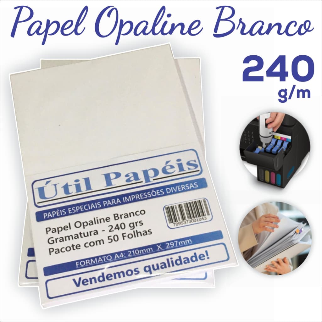 Papel Opaline 240g A4 Pacote com 50 Folhas - Branco Folha lisa OffSet 210x297 Jato de tinta e Laser