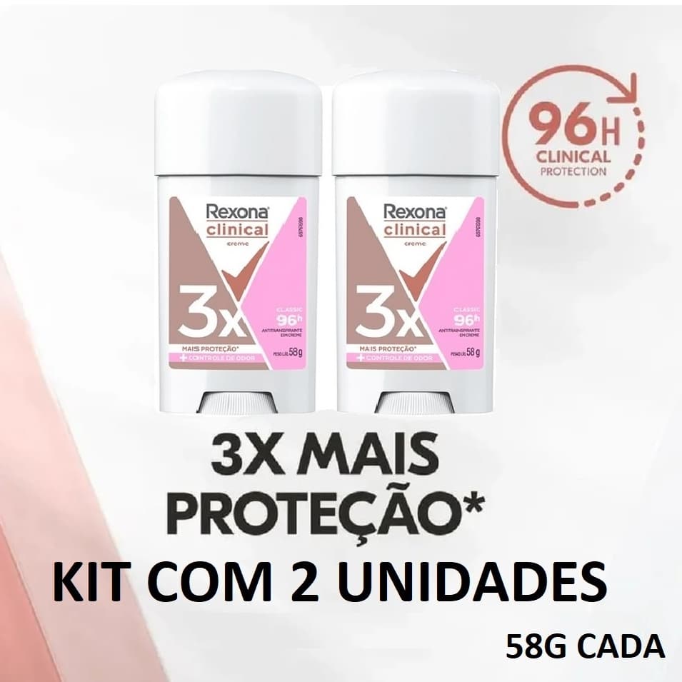 Kit C/2 Rexona Clinical Stick Creme 58g Cada Desodorante Antitranspirante Classic/Clean/Extra Dry