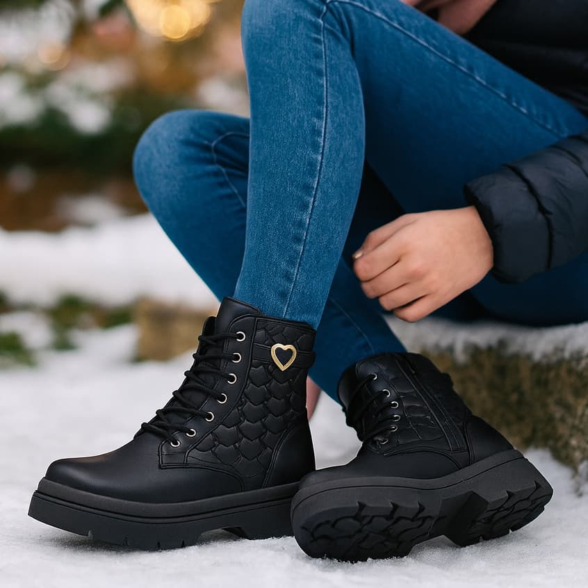 Bota Coturno Infantil  Menina Detalhes de Pingente Coração Trabalhado na Lateral  Lançamento