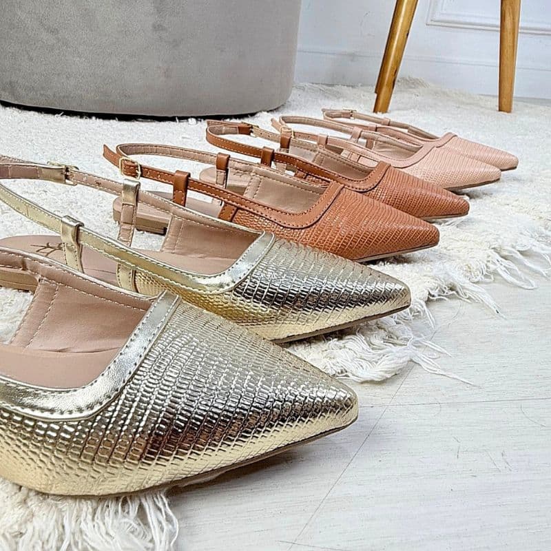 Sapatilha Slingback sem salto confortável caramelo Nude e ouro e azul marinho