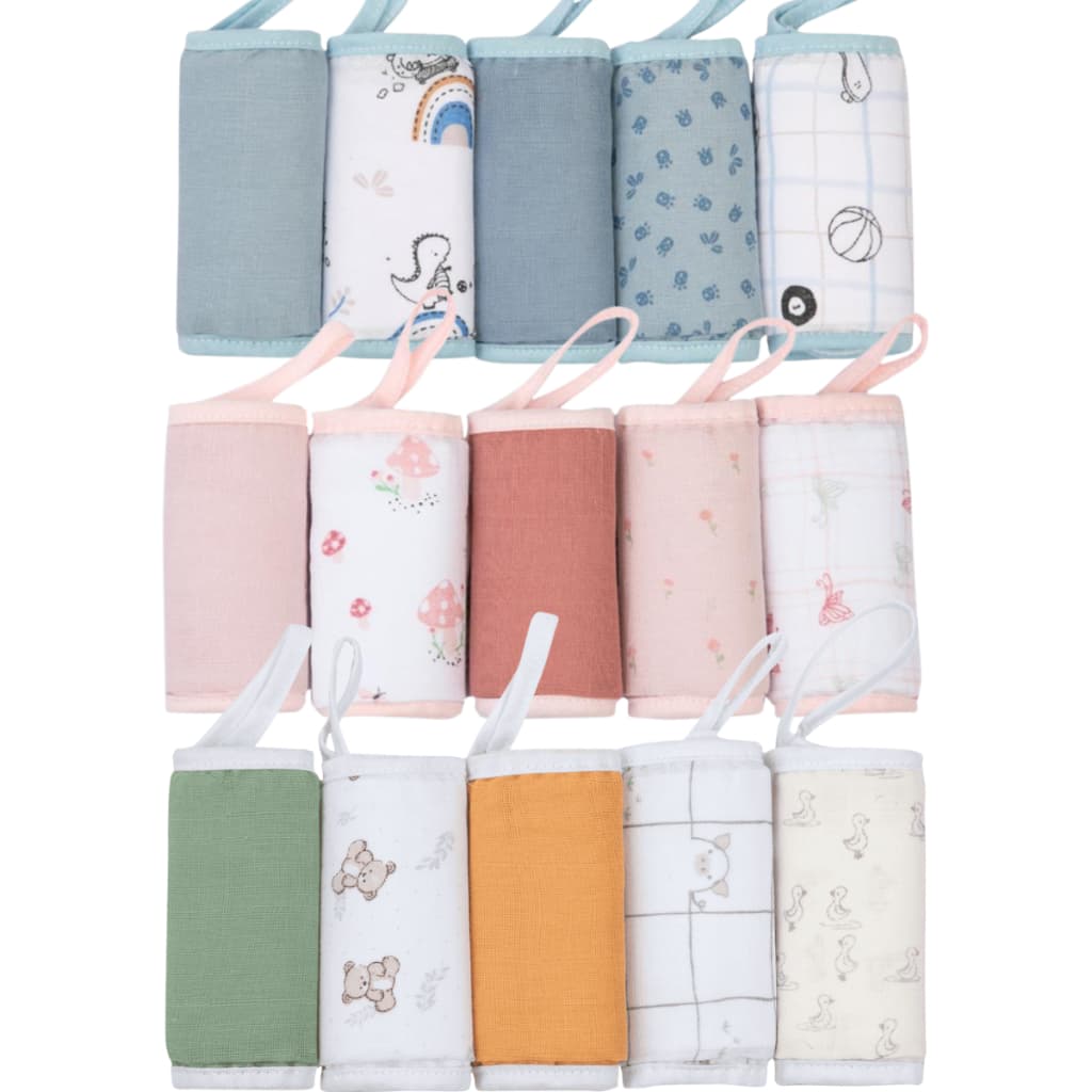 Kit 5 Panos de Boca com Prendedor de Chupeta Papi Soft 100% Algodão | Estampa Dino e Cogumelo