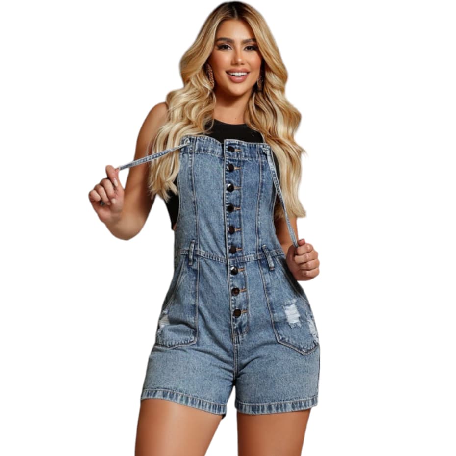 Jardineira Feminina 36 ao 46 Macaquinho Jeans de Alça Plus Size