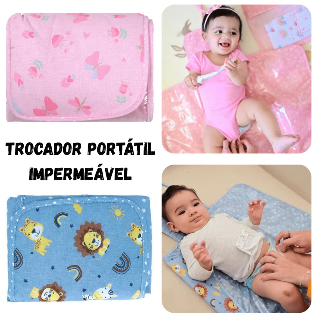 Trocador de Fraldas Portátil Bebê Impermeável 47x67 Algodão Estampado Azul Rosa Enxoval Maternidade