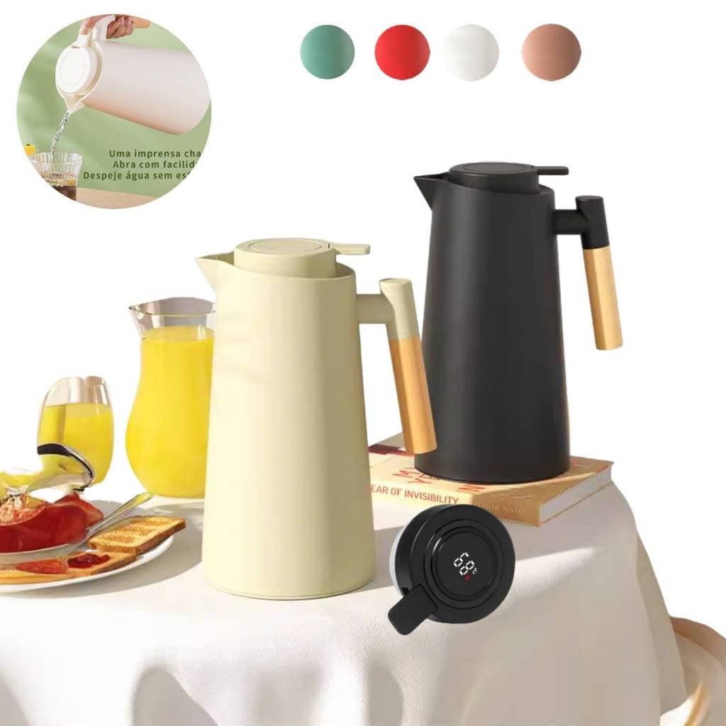 Garrafa Térmica  de água 1 Litro Com Termômetro Led Para Chás / Café Design Moderno Cabo De Madeira Cor Preta