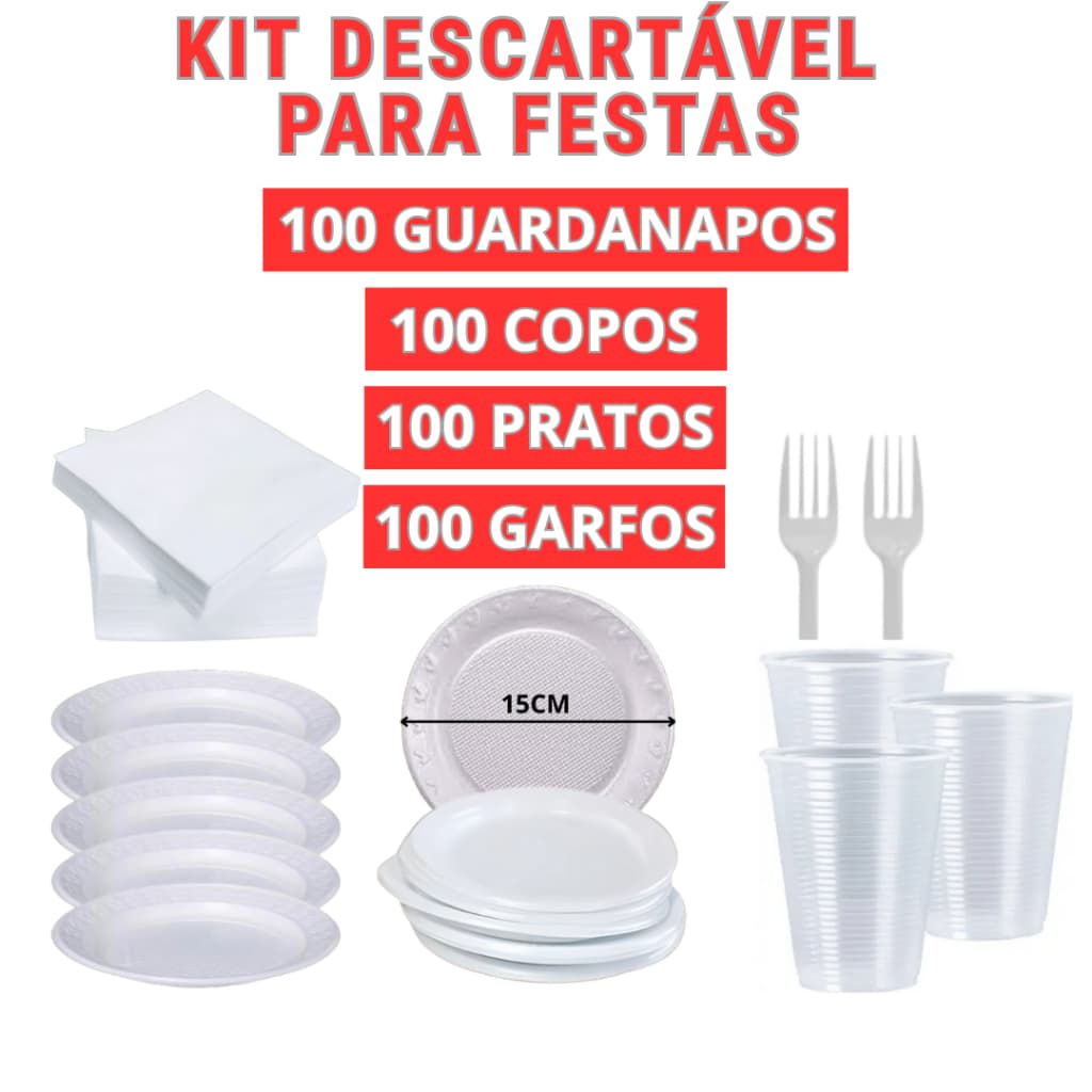 Kit Descartável Festa Completo com Pratos 15cm, Copos 200ml, Garfos, Guardanapos – Praticidade e Economia