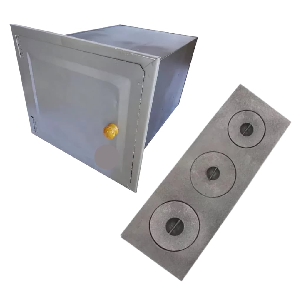 Forno em Chapa de Aço Tam. 50x28x21 + Chapa Paulista Ferro Tam. 58x24x19,5 3 Furos Paulista C/ Tampa