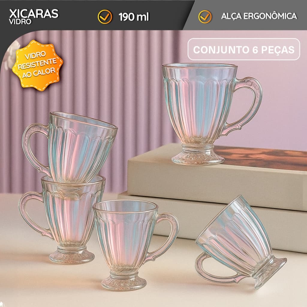 Conjunto 6 Xícaras Vidro 190ml Furta-cor Café Chá Cappuccino Brilhante Luxuoso