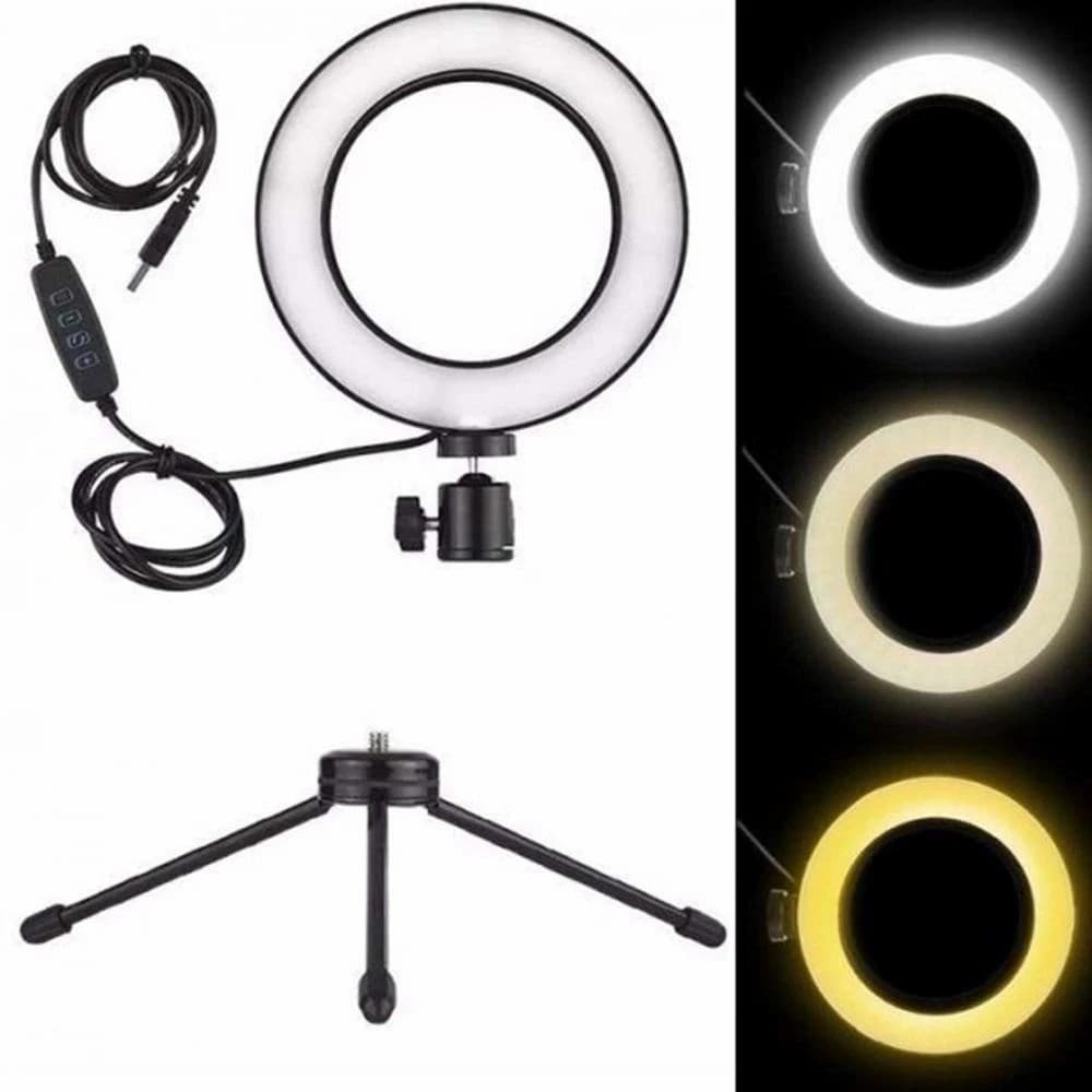 Ring Light LED com Tripé de Mesa e USB – Iluminação Profissional para Fotos e Vídeos
