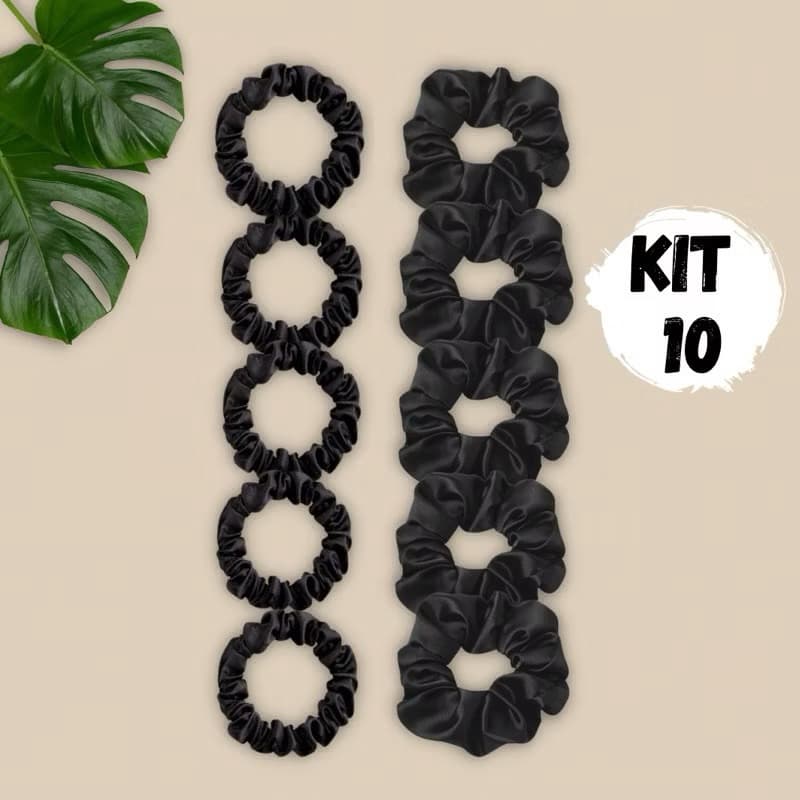 kit de xuxinha de cetim, scrunchie de cabelo preta, nude, marrom, fina e grossa tradicional, pequena