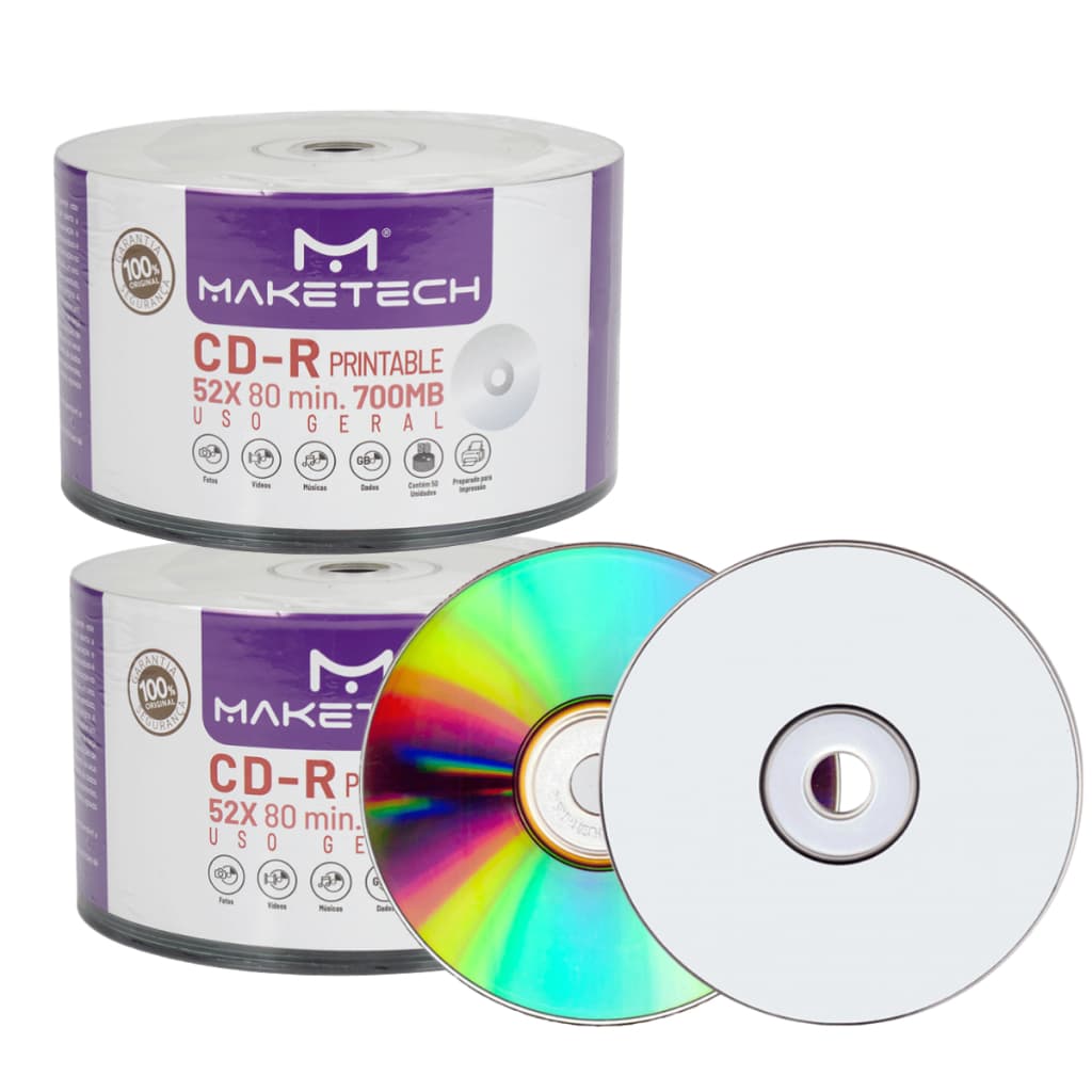 Kit 100 Cd Virgem CD-R Mídia de Gravação 52x 80Min. 700Mb Printable Gravável