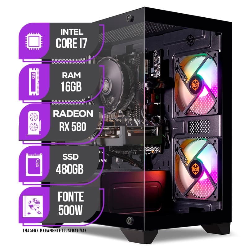 PC Gamer Mancer, Intel Core i7, RX 580 8GB, 16GB DE RAM, SSD 480GB, Fonte 500W 80 PLUS