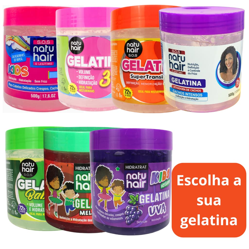 Gelatina Modeladora Natuhair [1Kg - 500g] Super Definição Fixação Volume Antifrizz Cacheados Crespos
