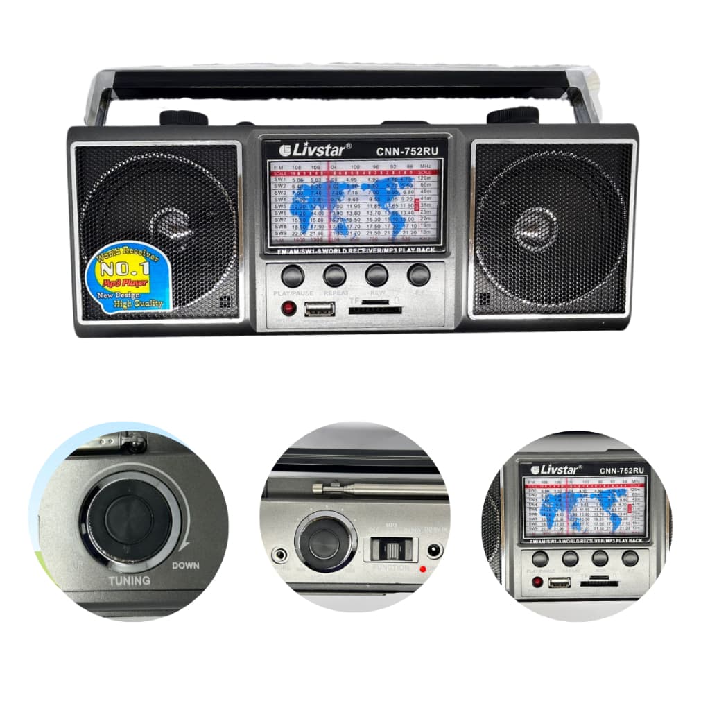 Radio Retro Recarregavel USB/CARTAO/FM & AM & SW/ Bivolt Alto Falantes 4" Livistar CN 752 RU