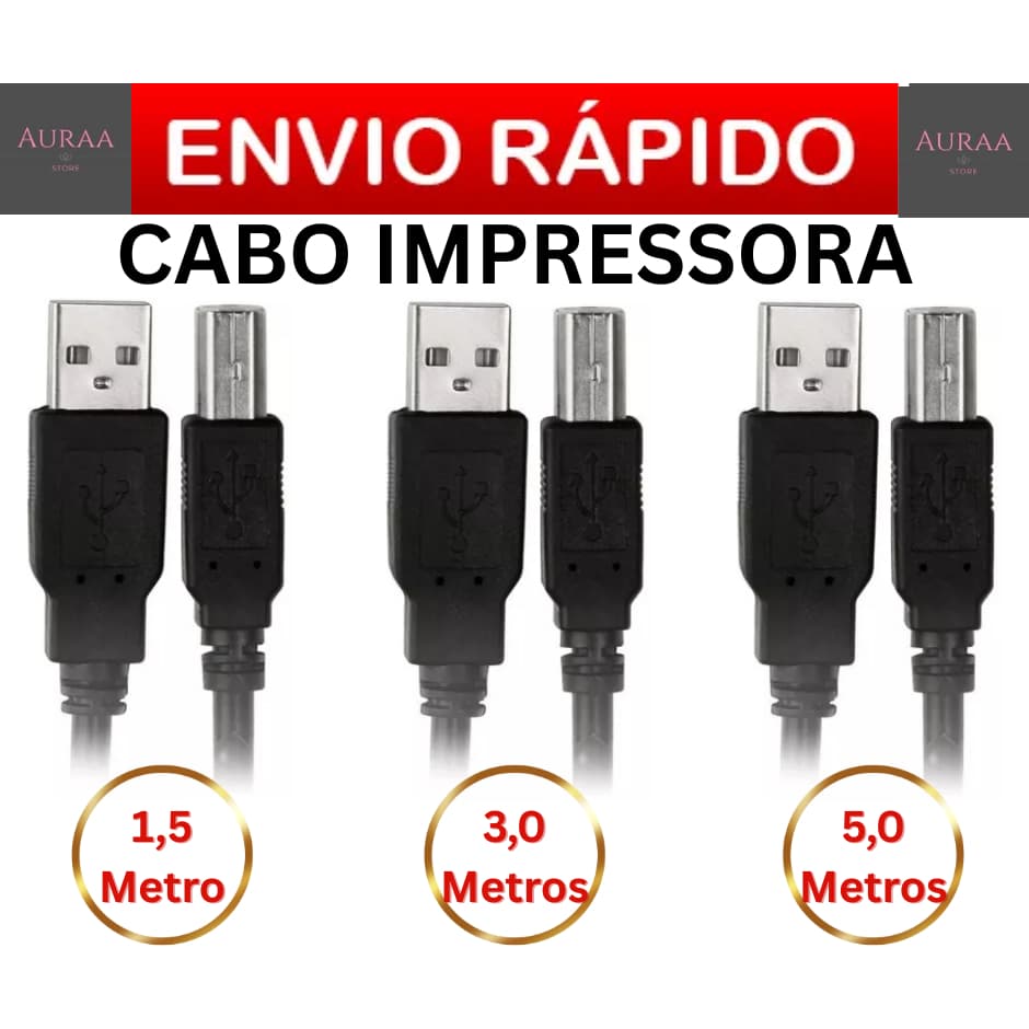 Cabo Impressora Multifuncional USB 2.0 AM/BM 1,5M 3M 5 Metros HP Epson Canon Térmica EcoTank