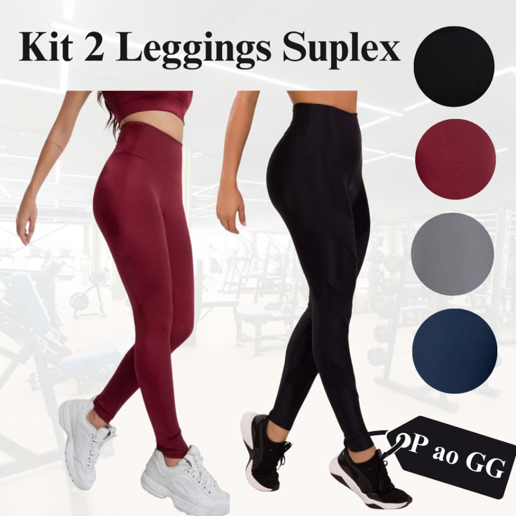 Kit C/ 2 Calças Legging Suplex Feminina Fitness Cós Alto